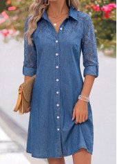 Patchwork Denim Blue Short Long Sleeve Shirt Collar Dress