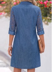 Patchwork Denim Blue Short Long Sleeve Shirt Collar Dress