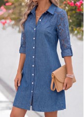 Patchwork Denim Blue Short Long Sleeve Shirt Collar Dress