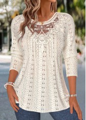 Patchwork Beige Long Sleeve Round Neck T Shirt