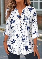 Floral Print Curved Hem Blue Long Sleeve Shirt