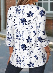 Floral Print Curved Hem Blue Long Sleeve Shirt
