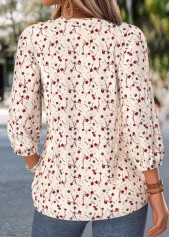 Ditsy Floral Print Shirred Beige 3/4 Sleeve Blouse