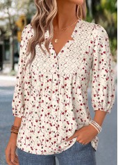 Ditsy Floral Print Shirred Beige 3/4 Sleeve Blouse