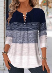 Striped Tuck Stitch Navy Long Sleeve T Shirt