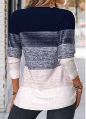 Striped Tuck Stitch Navy Long Sleeve T Shirt