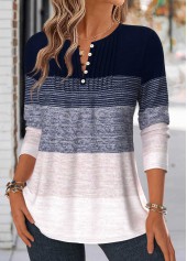 Striped Tuck Stitch Navy Long Sleeve T Shirt