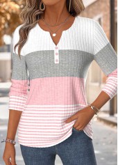 Striped Curved Hem Pink Long Sleeve T Shirt