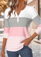 Striped Curved Hem Pink Long Sleeve T Shirt