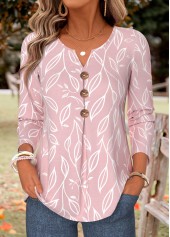 Leaf Print Pleated Pink Long Sleeve Split Neck Blouse