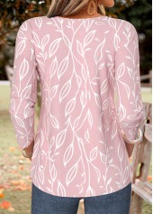 Leaf Print Pleated Pink Long Sleeve Split Neck Blouse