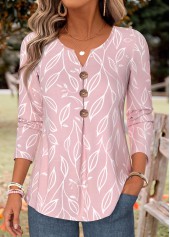 Leaf Print Pleated Pink Long Sleeve Split Neck Blouse