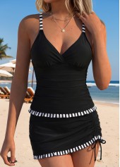 Black Mid Waisted Striped V-Neck Tankini Set