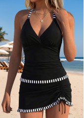Black Mid Waisted Striped V-Neck Tankini Set