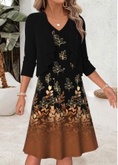 Leaf Print Two-piece Black Long Sleeve Dress and Cardigan