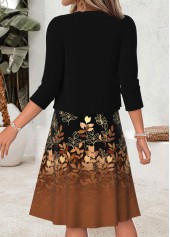 Leaf Print Two-piece Black Long Sleeve Dress and Cardigan