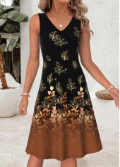 Leaf Print Two-piece Black Long Sleeve Dress and Cardigan