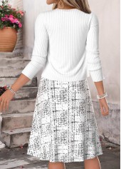Geometric Print Two-piece White Long Sleeve Dress and Cardigan