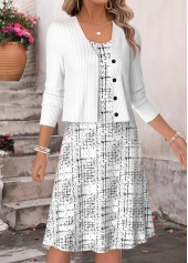 Geometric Print Two-piece White Long Sleeve Dress and Cardigan