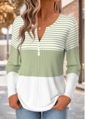 Striped Button Light Green Long Sleeve T Shirt