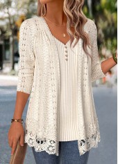 Beige Long Sleeve V Neck Fake Two Piece Twinset