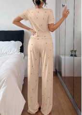 Heart Print Champagne V Neck Lounge Top and Pants