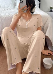 Heart Print Champagne V Neck Lounge Top and Pants