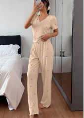 Heart Print Champagne V Neck Lounge Top and Pants