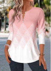 Geometric Print Tuck Stitch Light Pink Long Sleeve Blouse