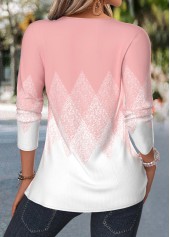 Geometric Print Tuck Stitch Light Pink Long Sleeve Blouse