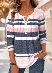 Striped Tuck Stitch Multi Color Long Sleeve T Shirt