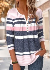 Striped Tuck Stitch Multi Color Long Sleeve T Shirt