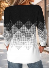 Geometric Print Curved Hem Black Long Sleeve T Shirt