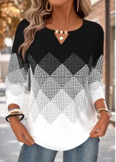 Geometric Print Curved Hem Black Long Sleeve T Shirt