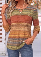 Geometric Print Shirred Multi Color 3/4 Sleeve Blouse