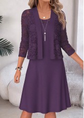 Two-piece Purple Half Sleeve Round Neck Dress and Cardigan