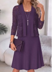 Two-piece Purple Half Sleeve Round Neck Dress and Cardigan