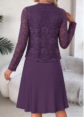 Two-piece Purple Half Sleeve Round Neck Dress and Cardigan