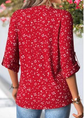Geometric Print Patchwork Red 3/4 Sleeve Split Neck Shirt