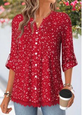 Geometric Print Patchwork Red 3/4 Sleeve Split Neck Shirt