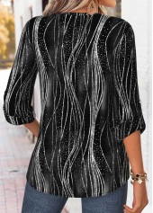 Ombre Curved Hem Black 3/4 Sleeve V Neck Blouse