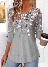 Floral Print Fake 2in1 Light Grey Marl T Shirt