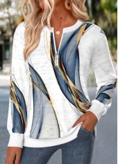 Geometric Print Zipper White Long Sleeve Round Neck Sweatshirt