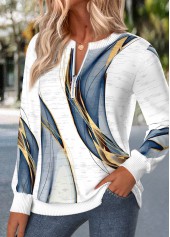 Geometric Print Zipper White Long Sleeve Round Neck Sweatshirt