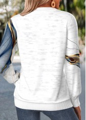 Geometric Print Zipper White Long Sleeve Round Neck Sweatshirt