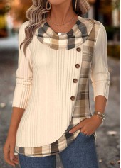 Plaid Patchwork Beige Long Sleeve Draped Neck T Shirt