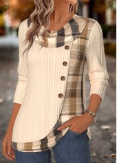 Plaid Patchwork Beige Long Sleeve Draped Neck T Shirt