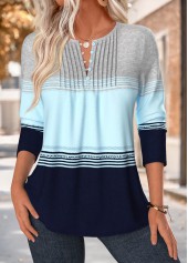 Geometric Print Tuck Stitch Light Blue T Shirt