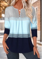 Geometric Print Tuck Stitch Light Blue T Shirt