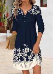 Floral Print Tummy Coverage Navy Long Sleeve Dress